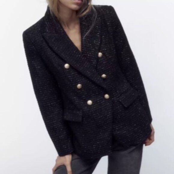 ZARA WOMEN NEW DOUBLE BREASTED TEXTURED WEAVE JACKET BLAZER GOLD Button 3046/269 - Picture 2 of 3